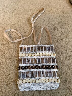 Handmade Beaded Brown and White Crossbody Bag